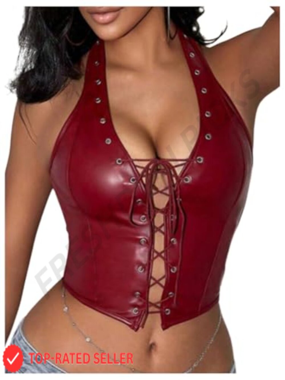 WDIRARA Women's PU Leather Halter Corset Crop Top Lace Up Backless Sleev